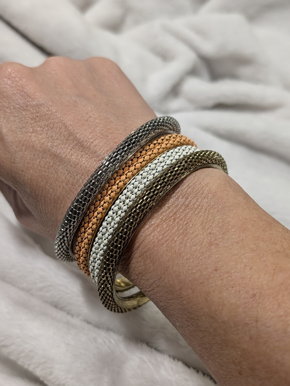 Vintage Mixed Metal Textured Mesh Bangle Bracelet Set 4 Pc | Boho Stacking
